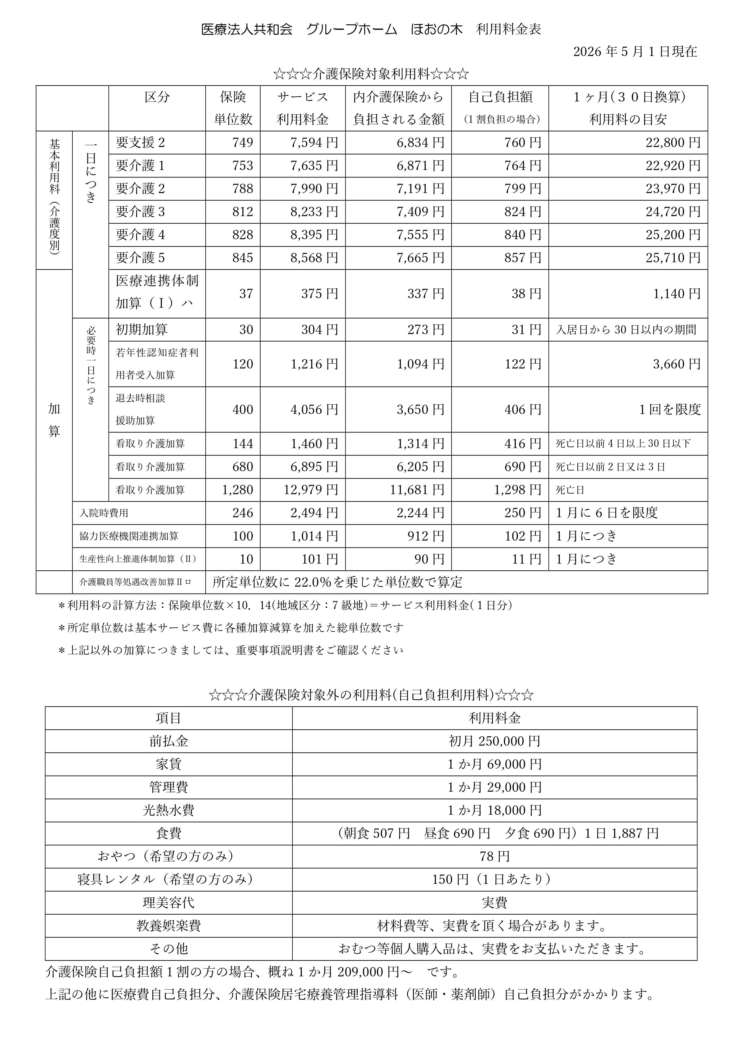 ほおの木利用料金